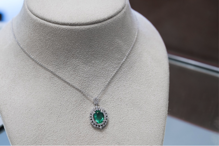 Custom Green & White Diamond & Stone Pendant