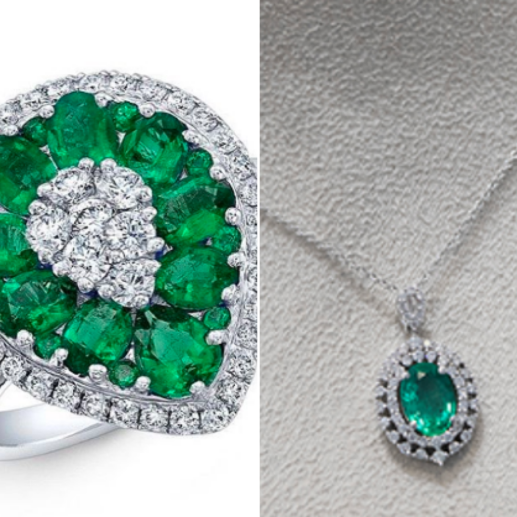 Emerald ring and necklace from jewelry store in Frisco, TX